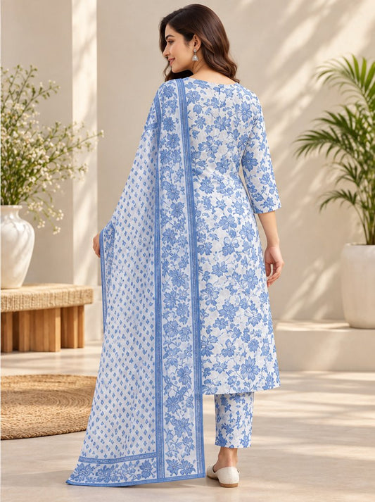 Indigo Bagh Blue & White Floral Print Kurta Set with Dupatta by Theaoura