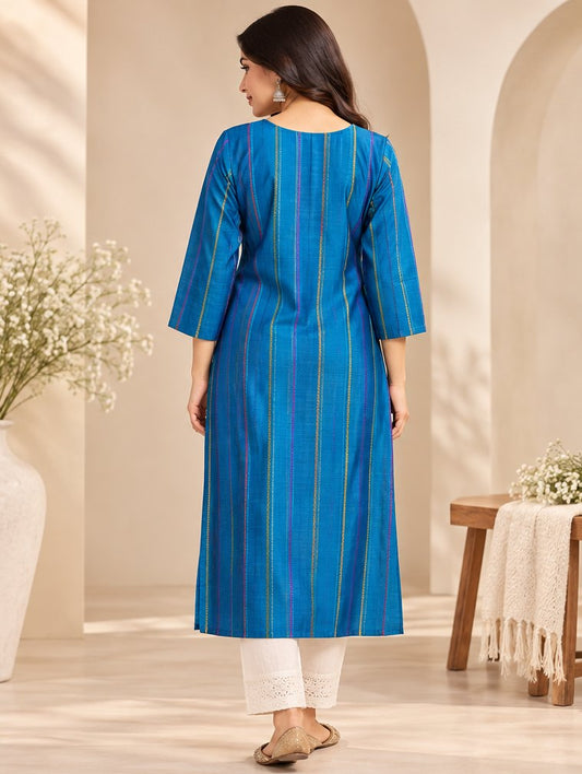 Sagari Cobalt Blue Striped Embroidered Kurta by Theaoura