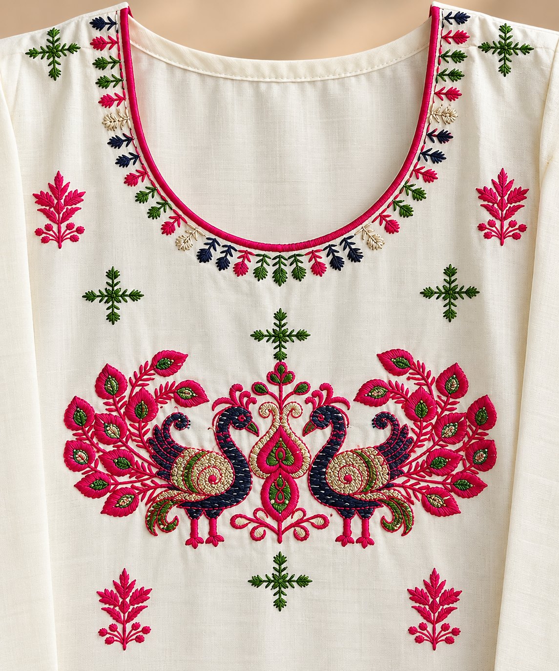 Prema White Peacock Embroidered Kurta by Theaoura