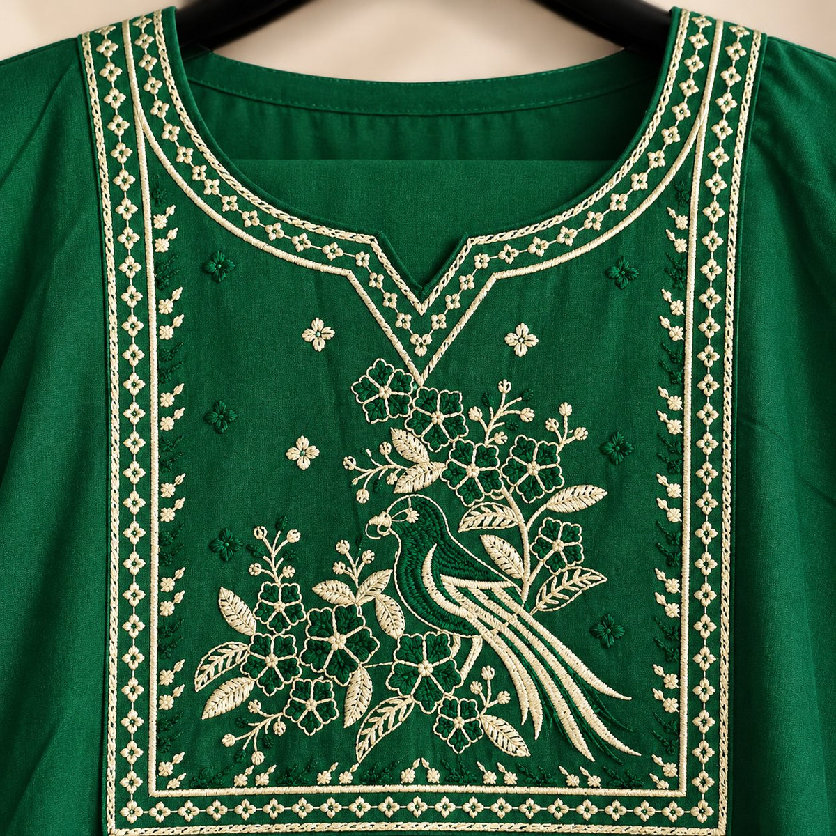 Van Bottle Green Peacock Embroidered Short Kurti by Theaoura