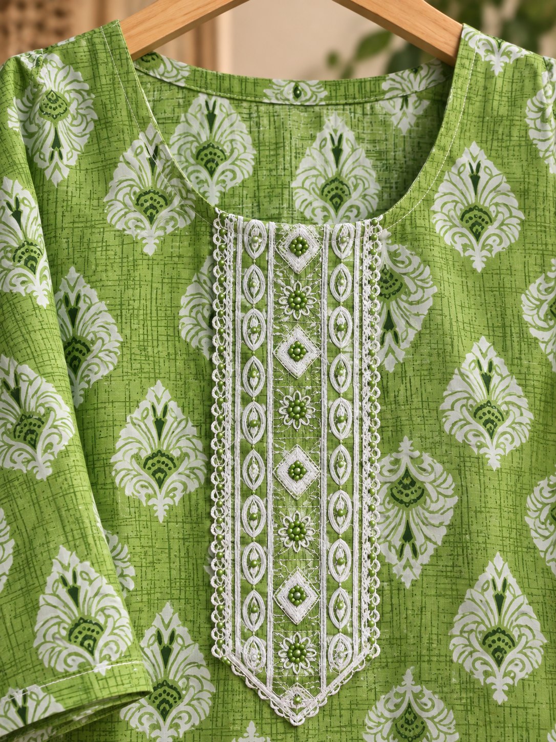 Pista Lime Green Printed Embroidered Kurta Set by Theaoura