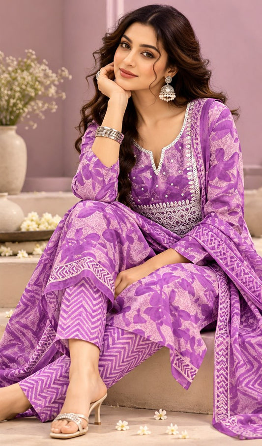 Kurinji Lavender Printed Embroidered Kurta Set with Dupatta by Theaoura