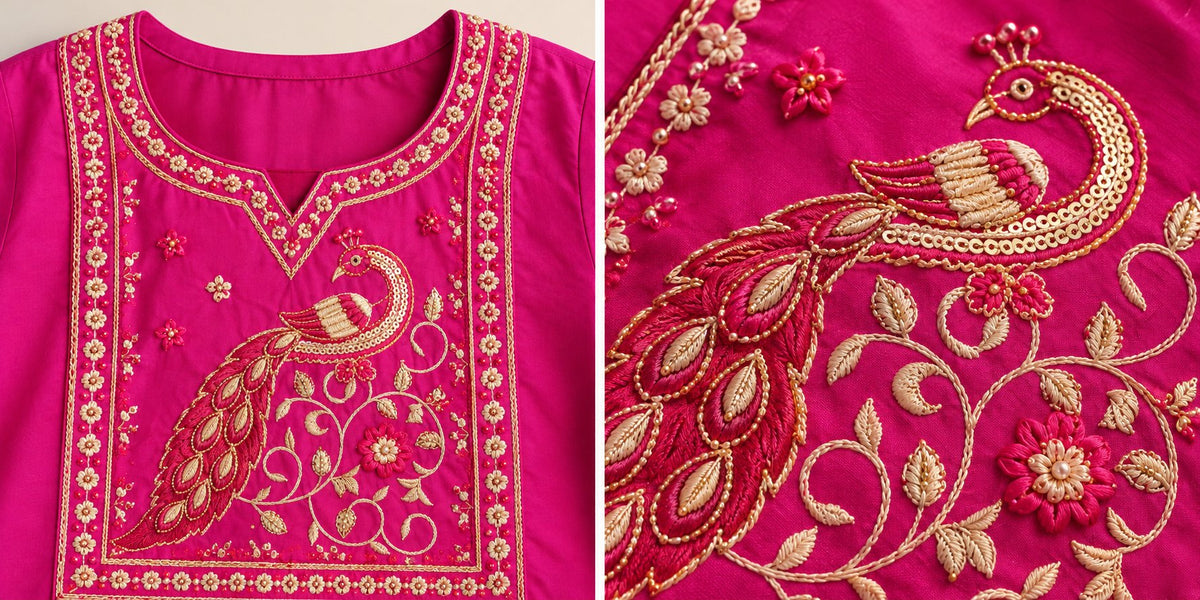 Mayura Fuchsia Pink Peacock Embroidered Short Kurti by Theaoura