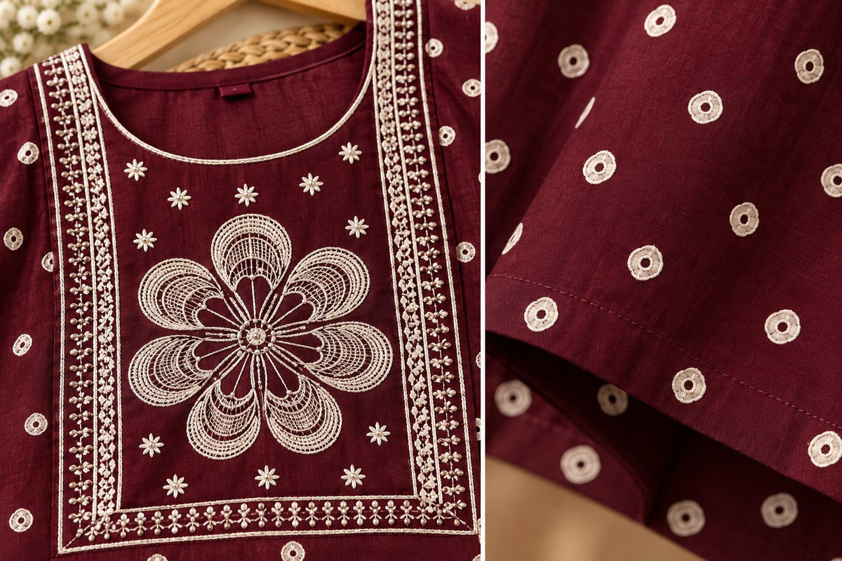 Kasturi Maroon Printed Embroidered Kurta by Theaoura