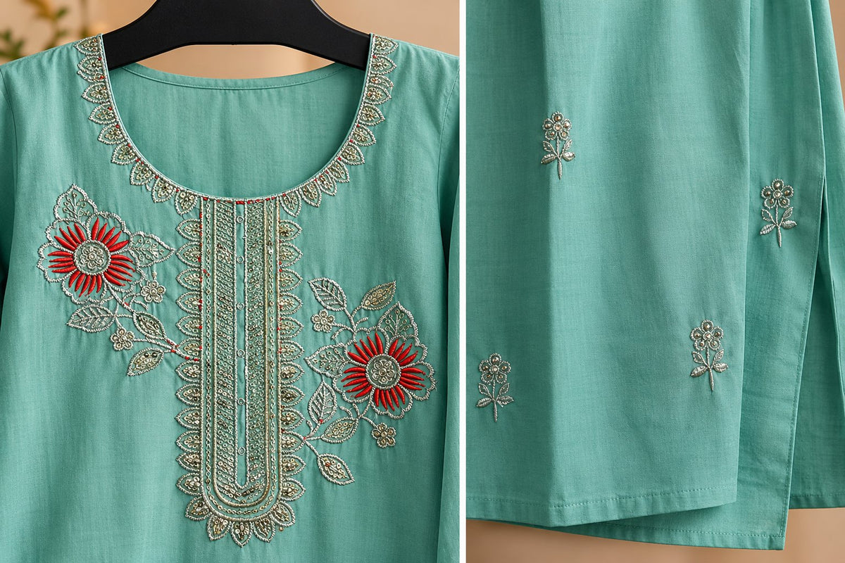 Firoza Aqua Floral Embroidered Suit Set by Theaoura