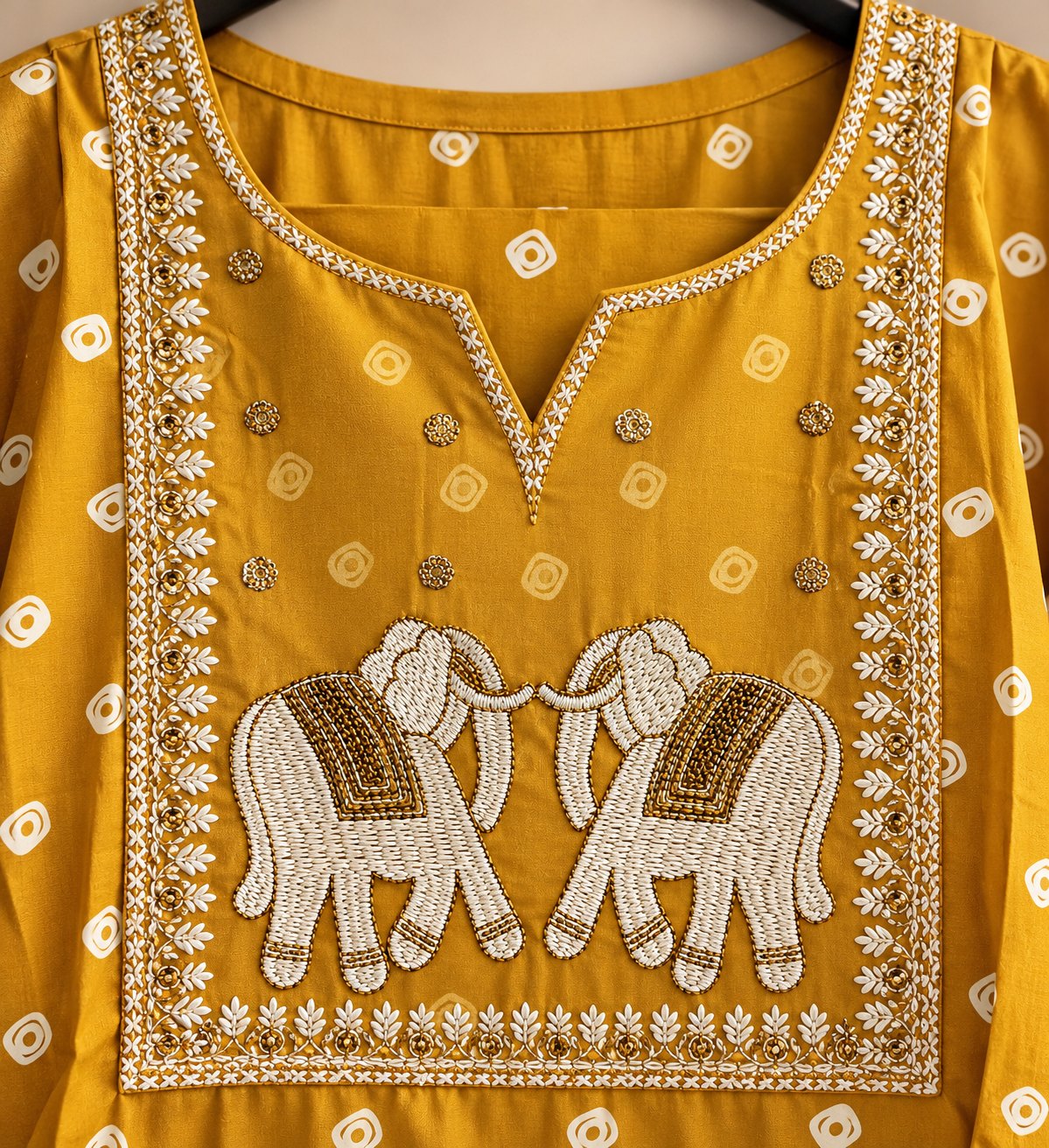 Gajara Mustard Yellow Elephant Embroidered Kurta by Theaoura