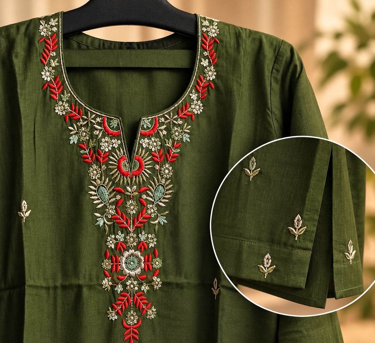 Hara Olive Green Embroidered Suit Set by Theaoura