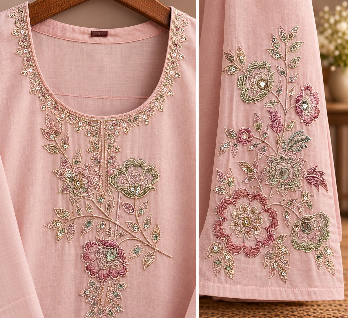 Gulabo Blush Pink Floral Embroidered Suit Set by Theaoura