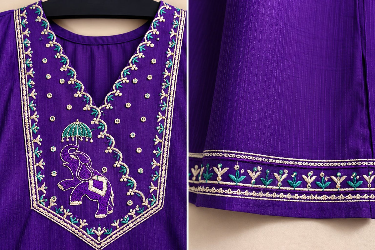 Shahi Royal Purple Elephant Embroidered Kurta by Theaoura