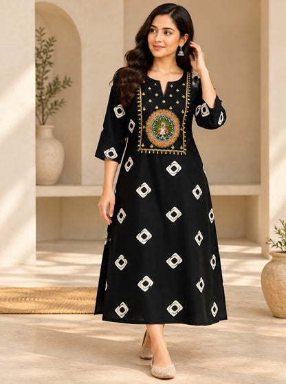 Raat Black Peacock Embroidered Kurta by Theaoura