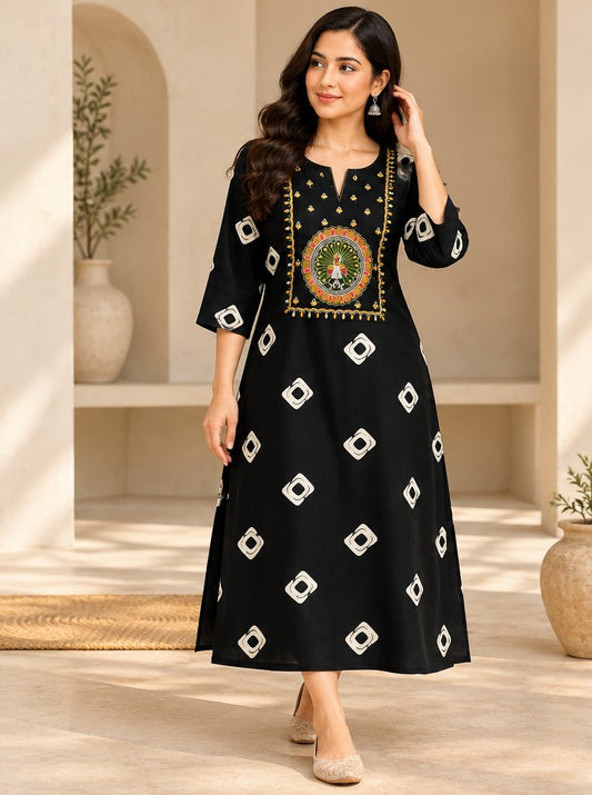 Raat Black Peacock Embroidered Kurta by Theaoura