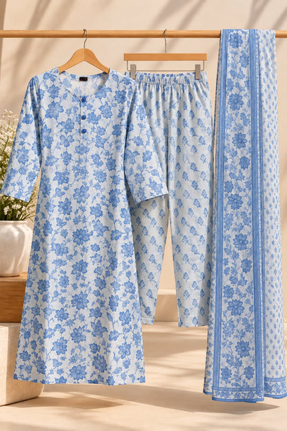 Indigo Bagh Blue & White Floral Print Kurta Set with Dupatta by Theaoura