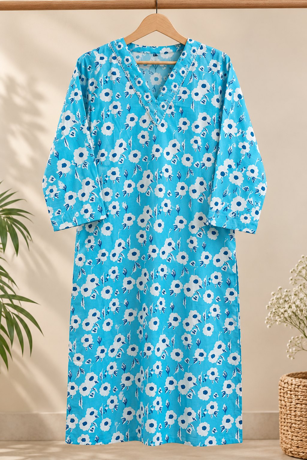 Aasmaan Sky Blue Floral Print Kurta Set by Theaoura