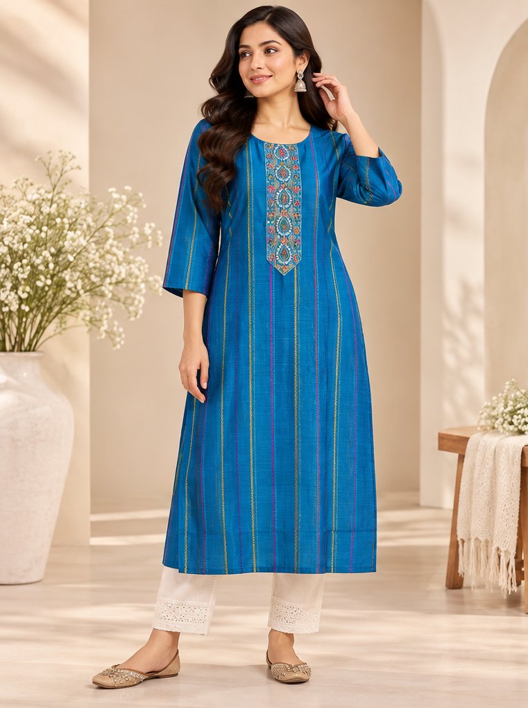 Sagari Cobalt Blue Striped Embroidered Kurta by Theaoura