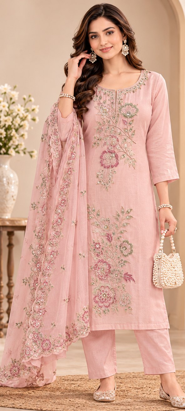 Gulabo Blush Pink Floral Embroidered Suit Set by Theaoura