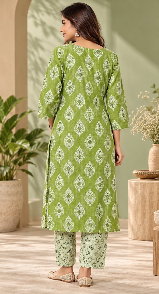 Pista Lime Green Printed Embroidered Kurta Set by Theaoura