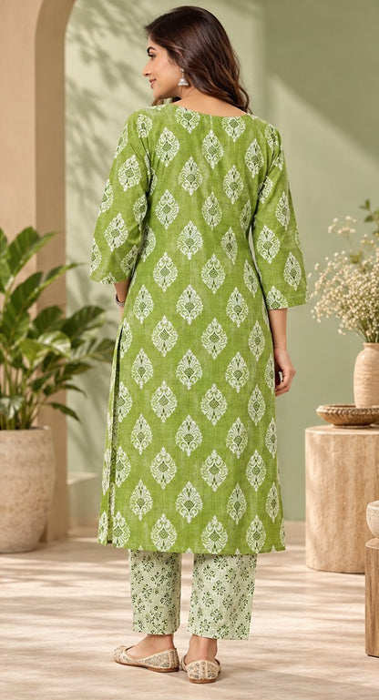 Pista Lime Green Printed Embroidered Kurta Set by Theaoura