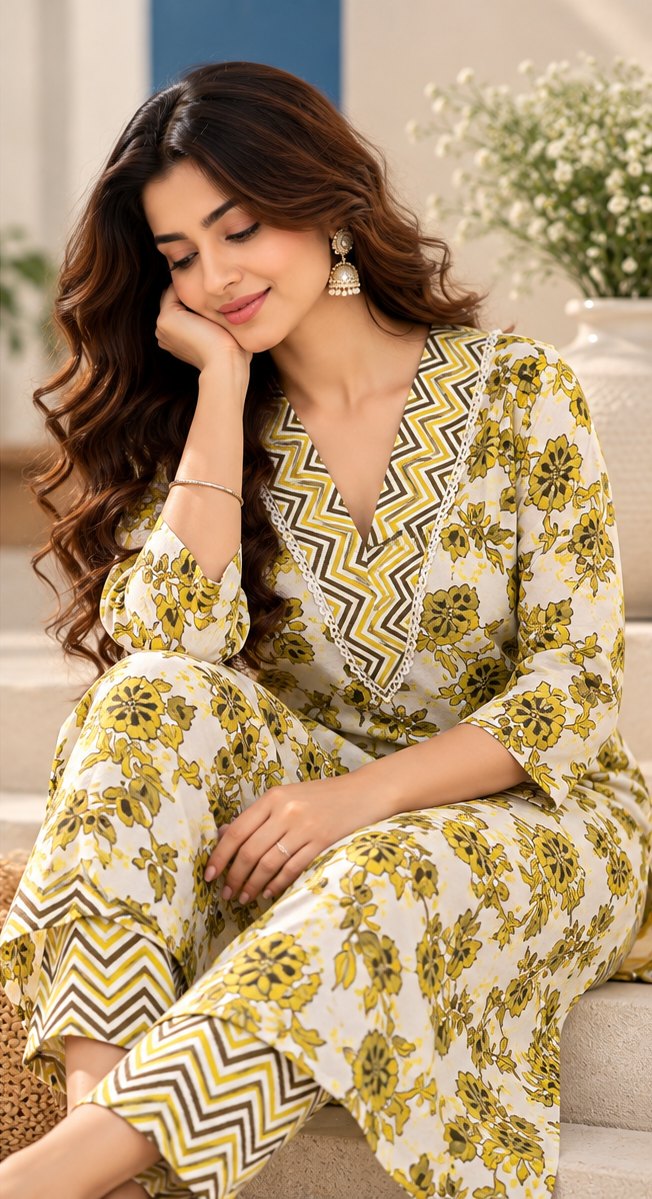 Basant Ivory & Yellow Floral Print Kurta Set by Theaoura