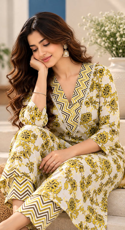 Basant Ivory & Yellow Floral Print Kurta Set by Theaoura