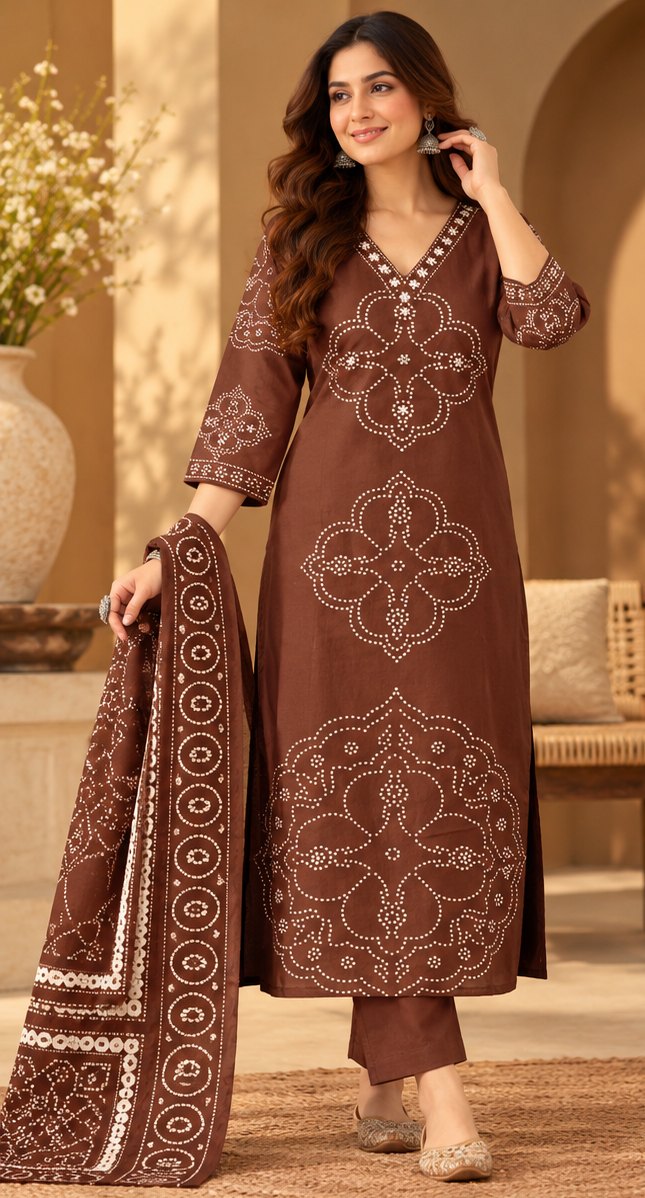 Bindiya Coffee Brown Embroidered Suit Set by Theaoura