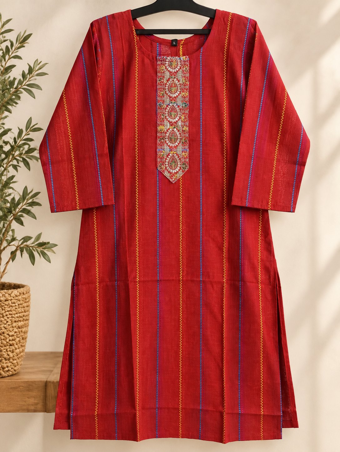 Sindoori Red Striped Embroidered Kurta by Theaoura