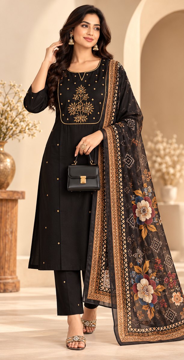 Shyama Black Embroidered Suit Set by Theaoura