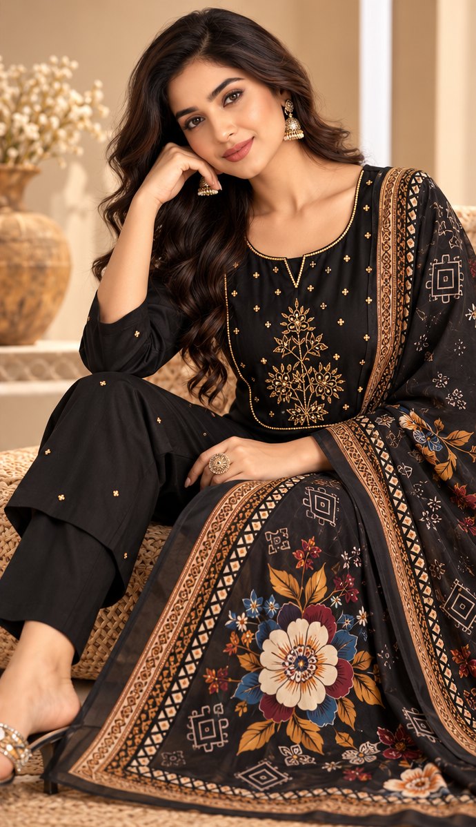 Shyama Black Embroidered Suit Set by Theaoura