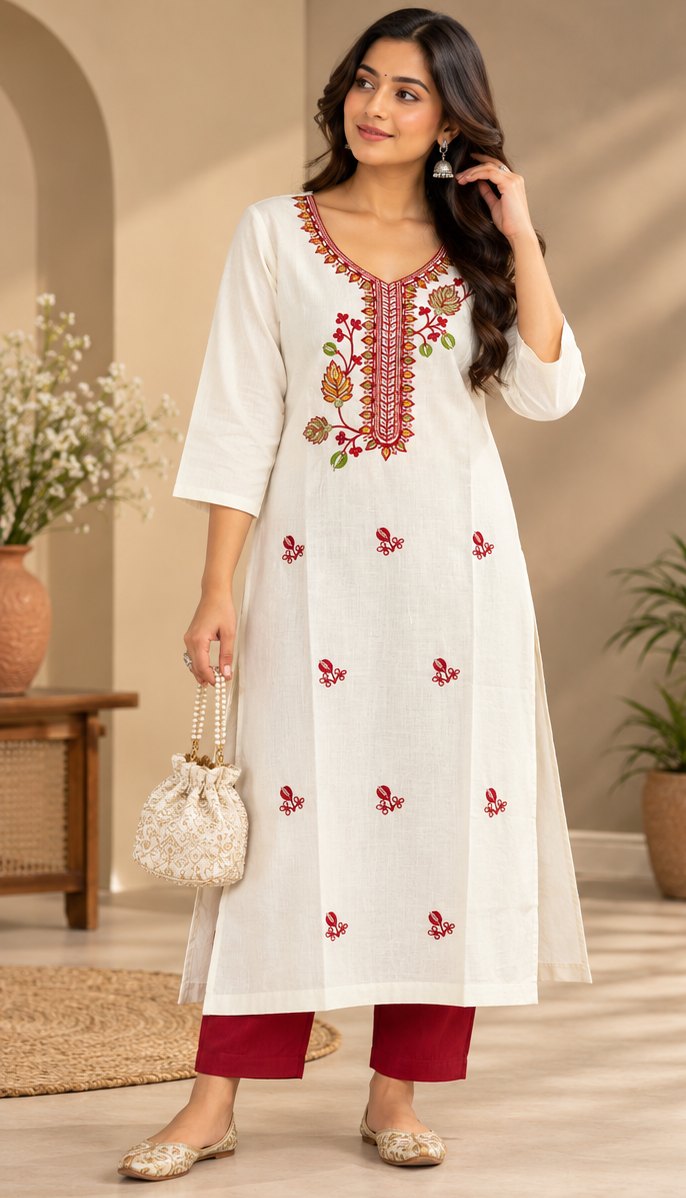 Chandni White Floral Embroidered Kurta by Theaoura