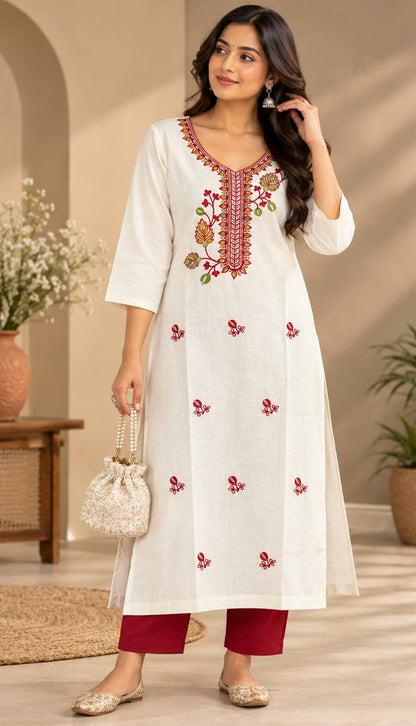 Chandni White Floral Embroidered Kurta by Theaoura
