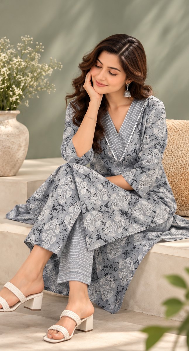 Megha Grey Printed Kurta Set by Theaoura