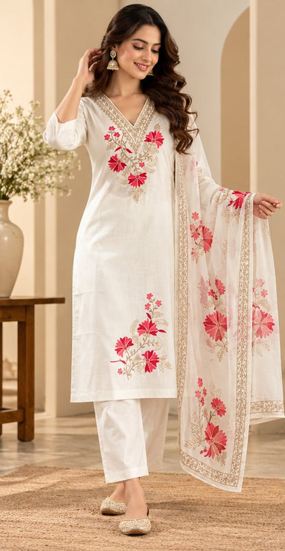 Shwet Ivory Floral Embroidered Suit Set by Theaoura