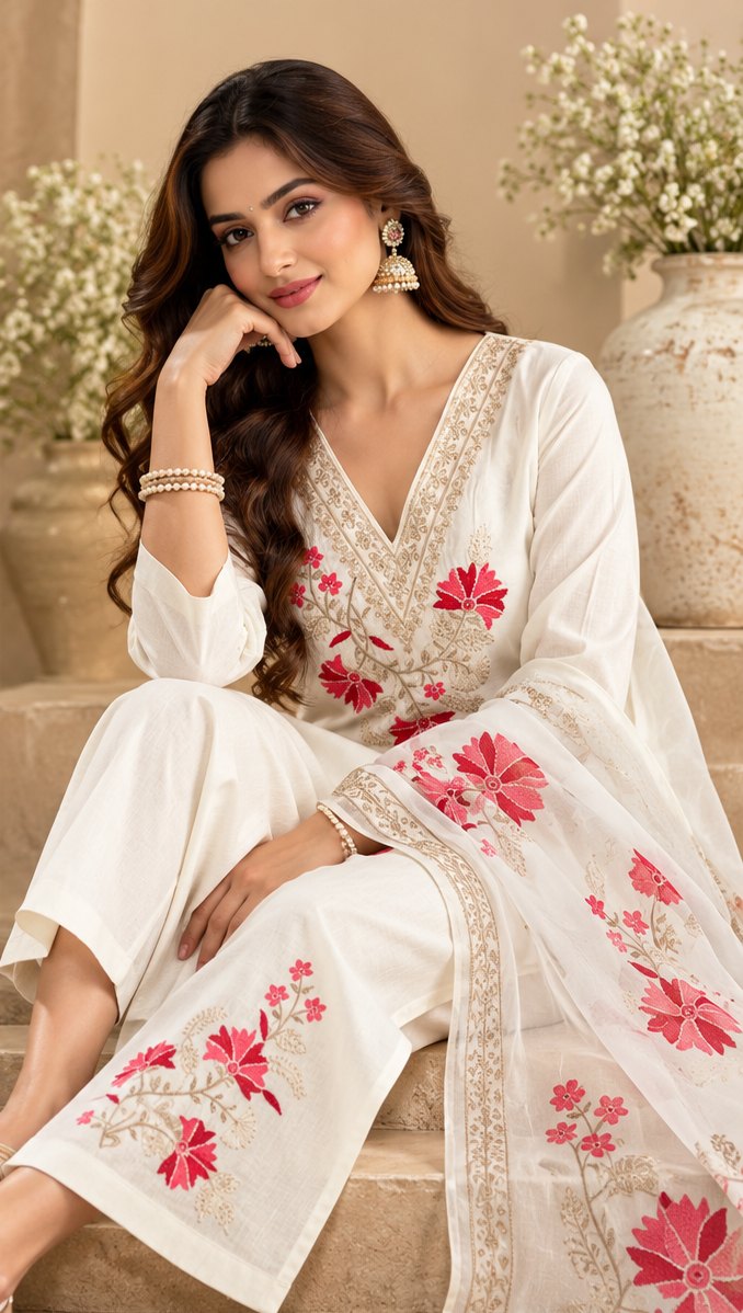 Shwet Ivory Floral Embroidered Suit Set by Theaoura
