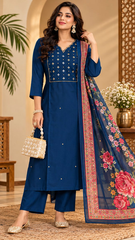 Neelam Royal Blue Embroidered Suit Set by Theaoura