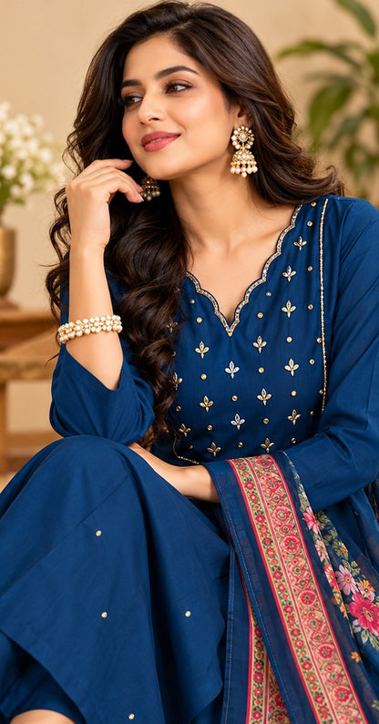 Neelam Royal Blue Embroidered Suit Set by Theaoura