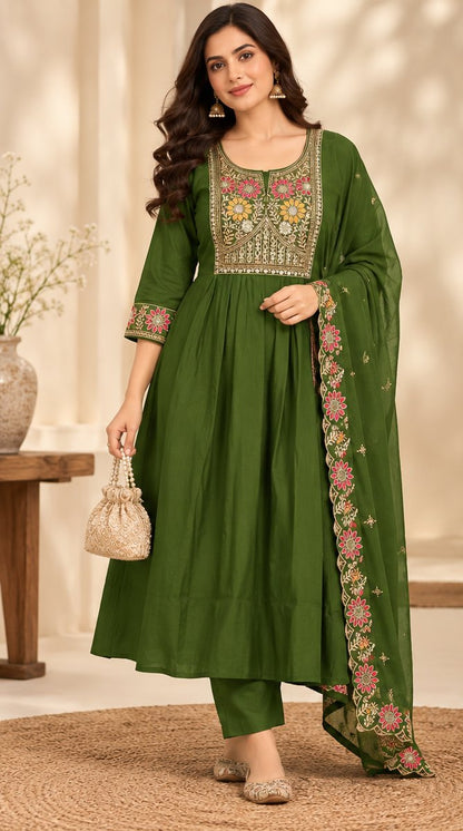 Heer Olive Green Mirror Work Suit Set by Theaoura