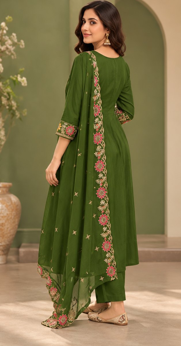 Heer Olive Green Mirror Work Suit Set by Theaoura