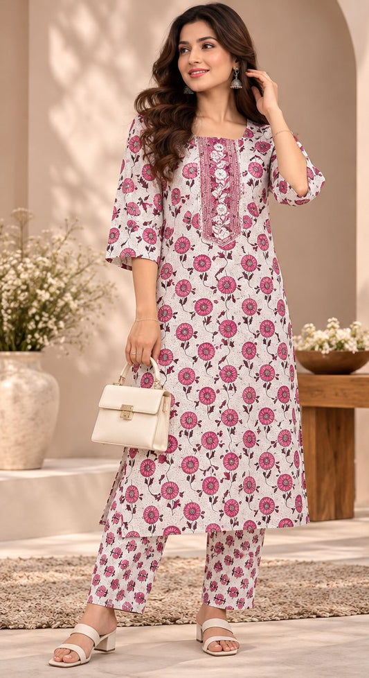 Phoolwari Ivory & Rani Pink Floral Print Embroidered Kurta Set by Theaoura