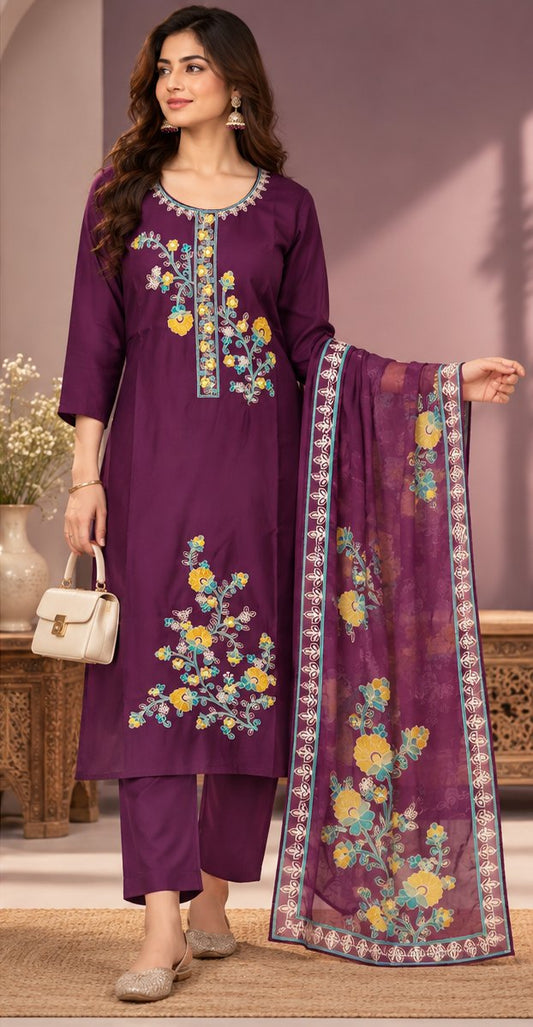 Angoor Wine Floral Embroidered Suit Set by Theaoura