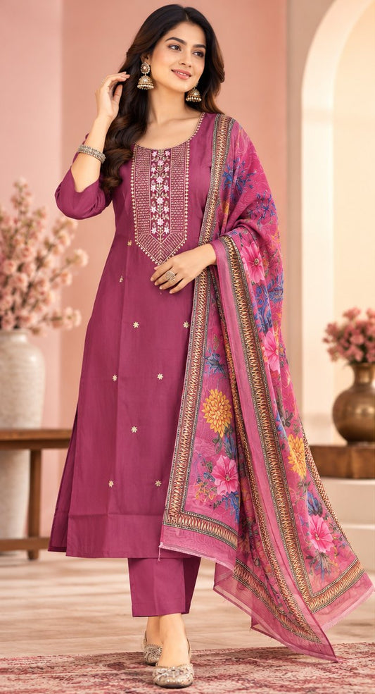 Rangoli Berry Pink Embroidered Suit Set by Theaoura