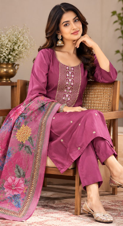 Rangoli Berry Pink Embroidered Suit Set by Theaoura
