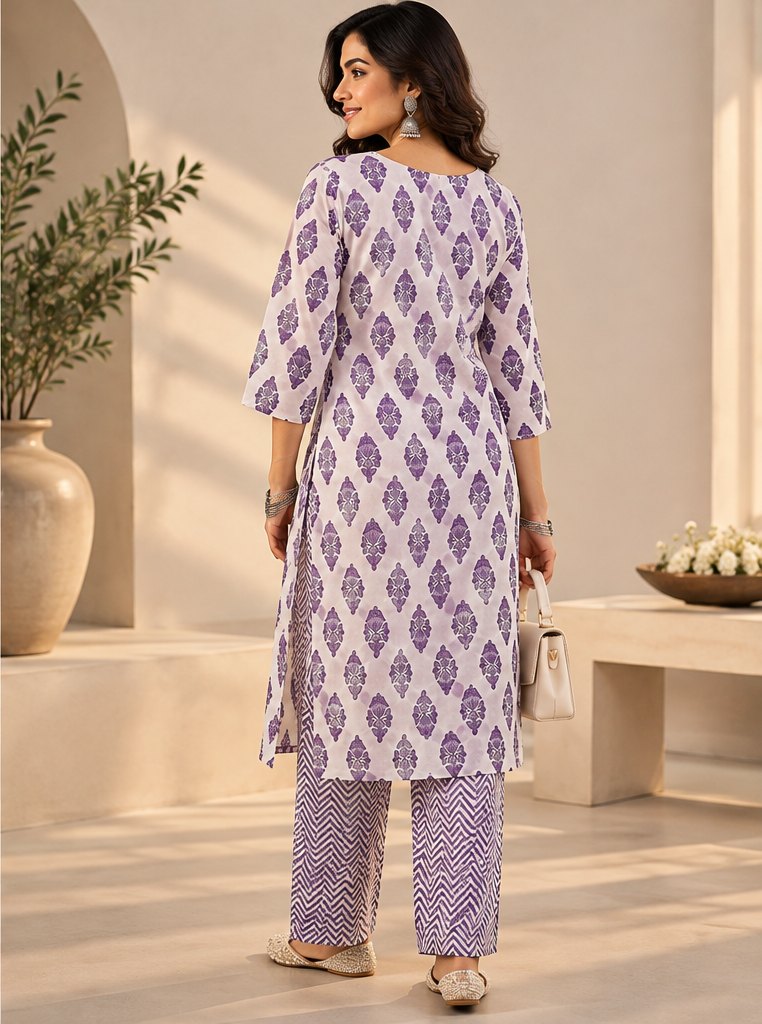 Ira White & Purple Printed Kurta Set by Theaoura