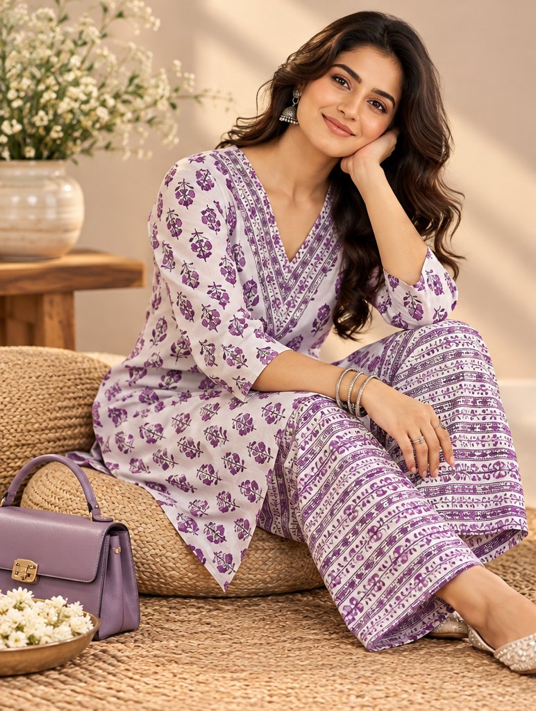 Nilofer White & Lilac Printed Kurta Set by Theaoura