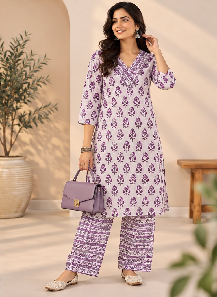 Nilofer White & Lilac Printed Kurta Set by Theaoura