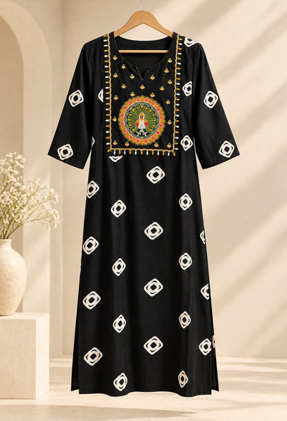 Raat Black Peacock Embroidered Kurta by Theaoura