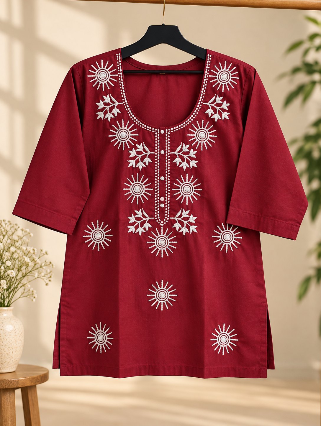 Kesar Maroon Embroidered Short Kurti by Theaoura