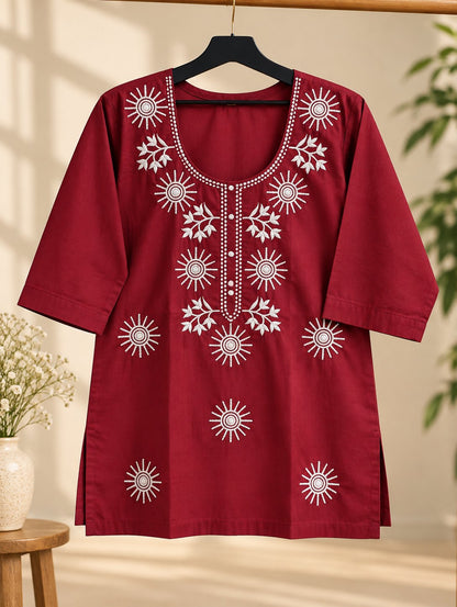 Kesar Maroon Embroidered Short Kurti by Theaoura