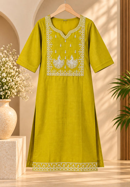 Mehendi Chartreuse Peacock Embroidered Kurta by Theaoura