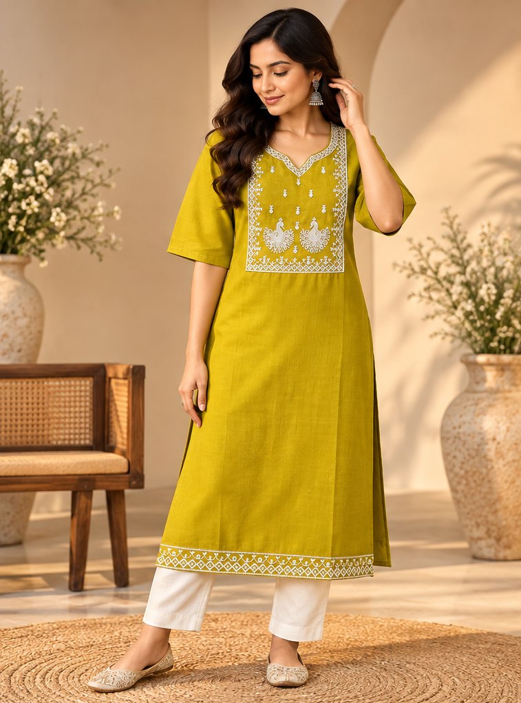 Mehendi Chartreuse Peacock Embroidered Kurta by Theaoura