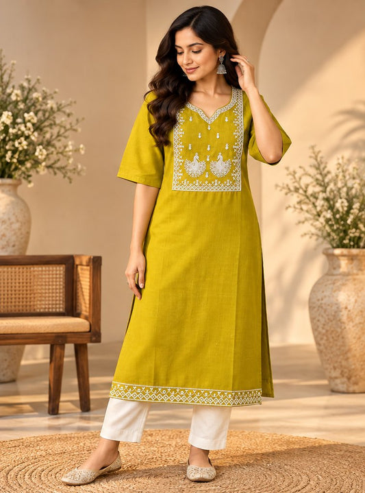 Mehendi Chartreuse Peacock Embroidered Kurta by Theaoura