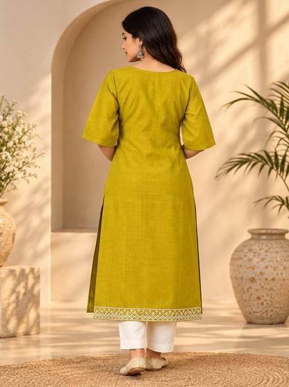 Mehendi Chartreuse Peacock Embroidered Kurta by Theaoura